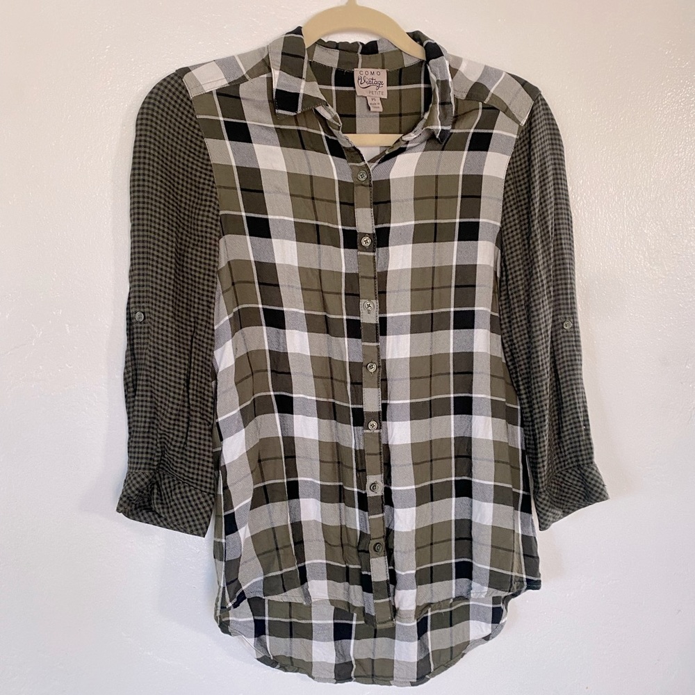 Green plaid print button up